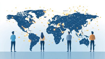 People stand near world map with network connections, symbolizing global business and connectivity