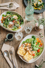 High angle view of food served on table