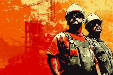 Two construction workers in hard hats and safety gear, standing in front of a red-toned construction site