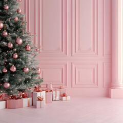 3d mockup with christmas tree in a pastel pink room with copy space, for decoration 