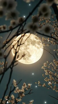 Blooming tree branches framing full moon