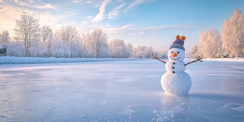 Fototapeta premium A snowman gliding gracefully on a chilly, white frozen ice rink has its arms raised high in awe and amazement at the beautiful surroundings.