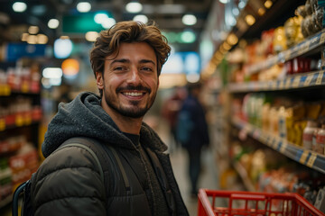 Fototapeta premium A man with a beard and backpack is smiling at the camera in a grocery store