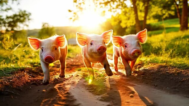 Three piglets playfully running on a dirt path during sunset in a lush green farm setting