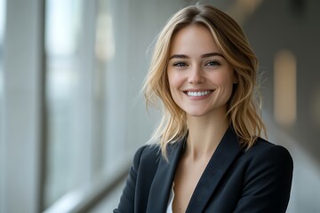 Smiling Businesswoman in Blazer, Relaxed and Friendly