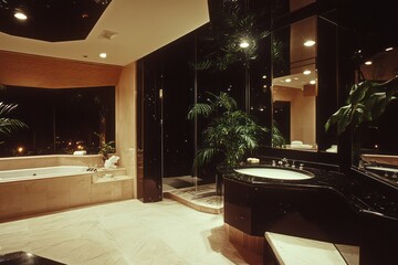 1980s luxury interior in Miami, bathroom, night time, black and cream color palette, atmospheric, hidden lighting