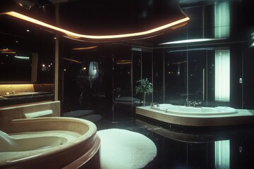 1980s luxury interior in Miami, bathroom, night time, black and cream color palette, atmospheric, hidden lighting