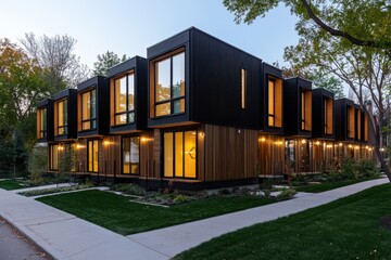 Obraz premium Modern homes bask in sunlight on a quiet residential street, showcasing elegant architecture and peaceful living.