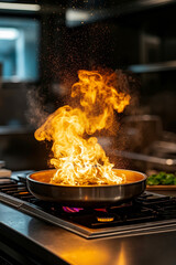 A large flame is rising from a pan on a stove