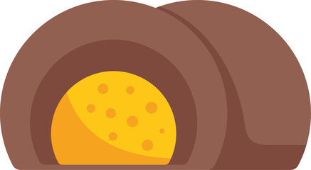 Round chocolate candy cut in half with the yellow filling showing