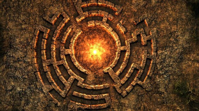 An aerial view of a stone labyrinth with a glowing center, revealing a hidden path