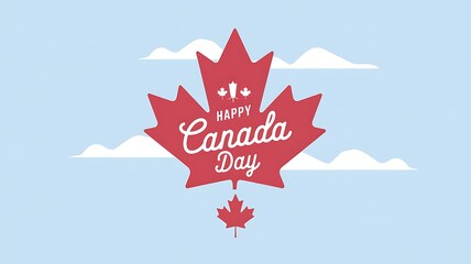 Red Maple Leaf with "Happy Canada Day" Text in Blue Sky