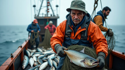 Fisherman Showing Catch Onboard Fishing Boat At Sea, surrounded by fish and nets. His crew works in the background