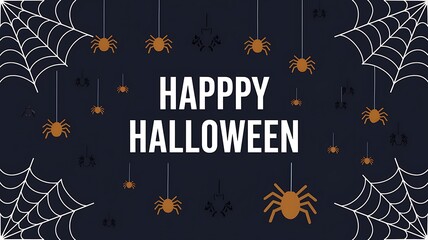 Happy Halloween Greeting with Hanging Spiders and Spiderwebs