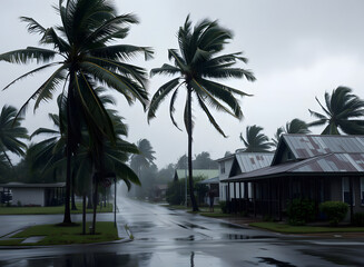 Fototapeta premium The tropical storm with a strong wind bends the trees and breaks the roofs from the houses, while pouring rain collapses into a small town.