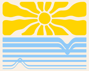 Sun groovy and sea waves. Geometric elements 60s-70s style. Retro design summer beach minimalist background. Vector illustration.
