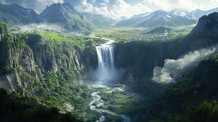 Fototapeta premium A V-shaped triangular waterfall captures the dynamic force of cascading water amidst a stunning valley landscape. This waterfall exemplifies natures beauty, with ample space for text.