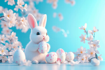 A white bunny with pink spots is sitting on a table with three pink and white eggs