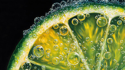Lithograph print of a lime slice with bubbles, against a black background