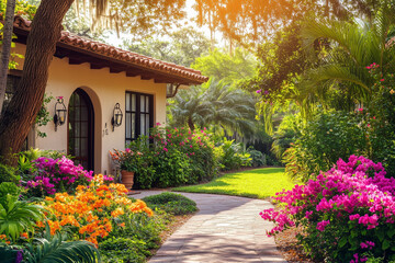 Obraz premium Beautiful florida house with bright flowers under clear sky at midday