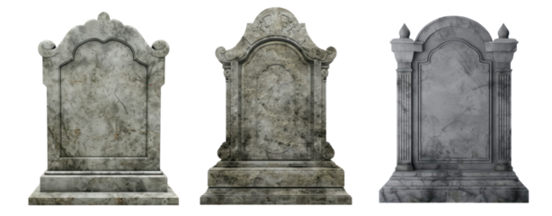 set of three stone tombstone isolated on transparent background front view