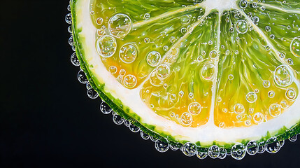 Lithograph print of a lime slice with bubbles, against a black background