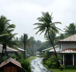 Fototapeta premium The tropical storm with a strong wind bends the trees and breaks the roofs from the houses, while pouring rain collapses into a small town.