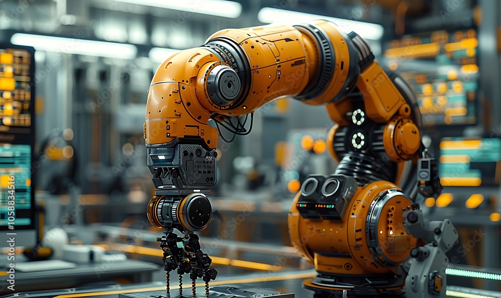 Poster a robotic arm in a modern industrial setting, featuring advanced technology and a vibrant orange col