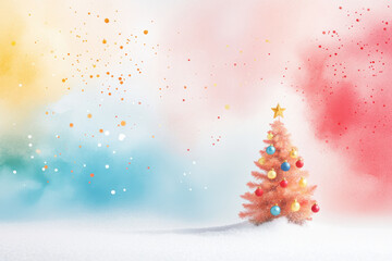 festive watercolor abstract background featuring decorated Christmas tree with colorful ornaments and star on top, surrounded by vibrant splashes of color