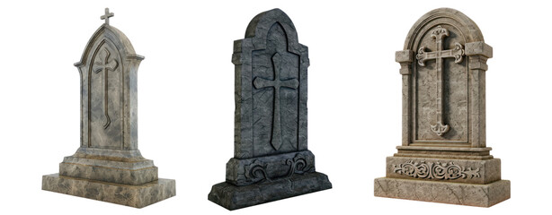 set of three stone tombstone isolated on transparent background tilted