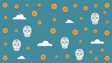 Colorful Sugar Skulls and Yellow Flowers on a Teal Background