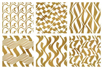 Golden seamless patterns set with different curved stripes and shapes. Modern patterned tiles design. Samples of trending print on textile.