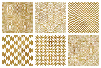 Golden swatches of seamless patterns with symmetric ornaments in different style. Modern patterned tiles design. Samples of trending print on textile.