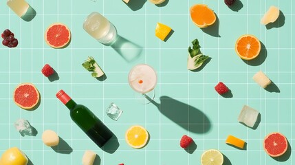 Fresh citrus fruits, berries and cocktail ingredients arranged on mint green grid background with wine bottle and glasses, creating modern flat lay composition