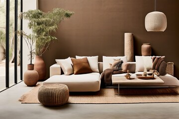 earthy tones beige taupe and muted greens with stone or terracot