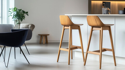 Modern home interior with wooden bar stools at kitchen counter, contemporary seating, green plant, and natural lighting