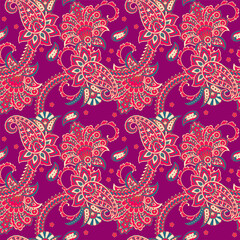 Digital vector textile print. Seamless Design suitable for covers, fabrics, textiles, wrapping paper, featuring an antique Thai pattern Paisley Indian motifs and decorative floral elements