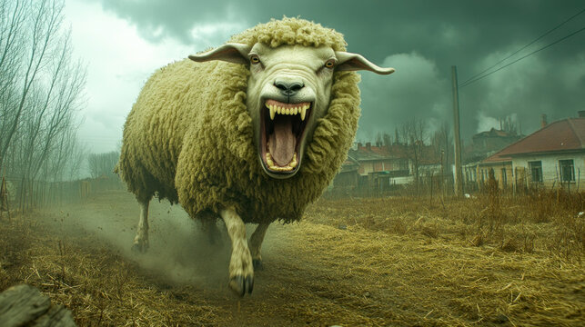 Deceptively defenseless sheep with wolf's teeth capable to protect itself: wolf in sheep's clothing concept