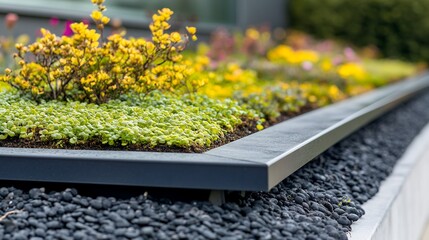 Contemporary raised garden bed with succulent plants and yellow flowers on black pebble background, modern landscaping design