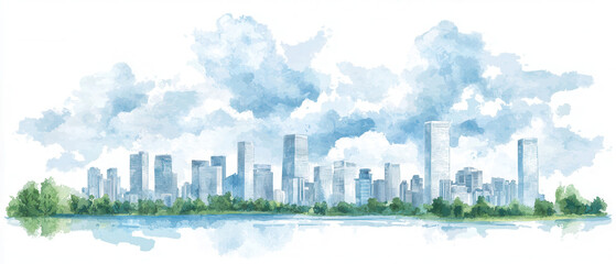 Fototapeta premium A serene watercolor skyline of a modern city reflected in water, framed by lush greenery and soft, fluffy clouds.