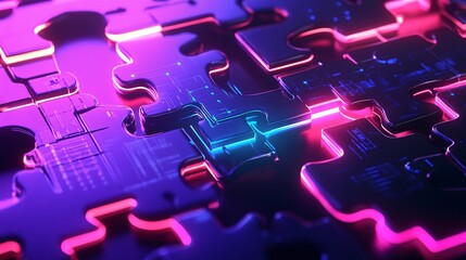 3d rendering of glowing puzzle piece in dark space with neon light.