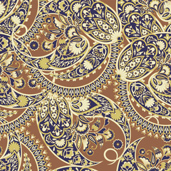Turkish Cucumber Paisley. Seamless vector pattern in traditional oriental style with flowers, leaves and fantasy elements. Fabric and wallpaper cover