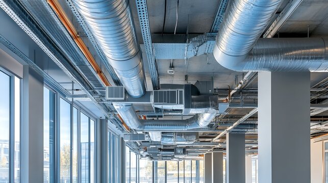 Modern office building ceiling with exposed industrial ventilation system, air ducts, and natural lighting from large windows