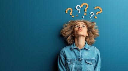 Woman with puzzled expression looking up at floating question marks on a blue background.