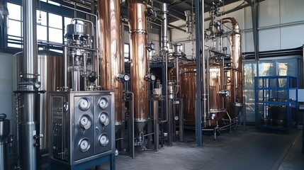 Industrial distillation facility with copper and steel tanks, professional brewing equipment with pressure gauges and pipes