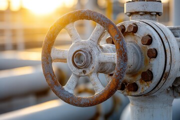 Rusted industrial valves and pipes are bathed in the golden warmth of a sunset, creating a striking contrast of texture and light.