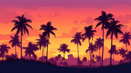 Fototapeta premium Palm Trees Silhouette Tropical Sunset Cityscape Background