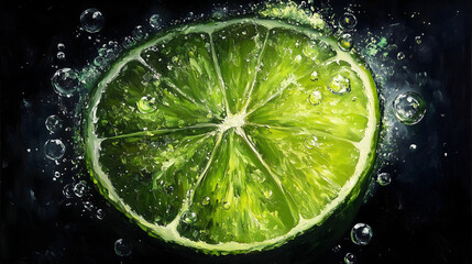 Oil painting of a lime, with a black background. The lime slice has green powder 