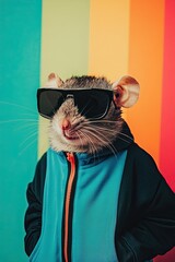 rat in black sunglasses in a tracksuit on a plain background. strong happy emotions. laughter. multi-colored background