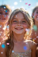 A young girl with blonde hair is smiling and wearing a sparkly dress, surrounded by colorful confetti